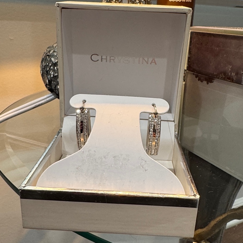 CHRYSTINA Genuine Crystal Silver Hoop Earrings